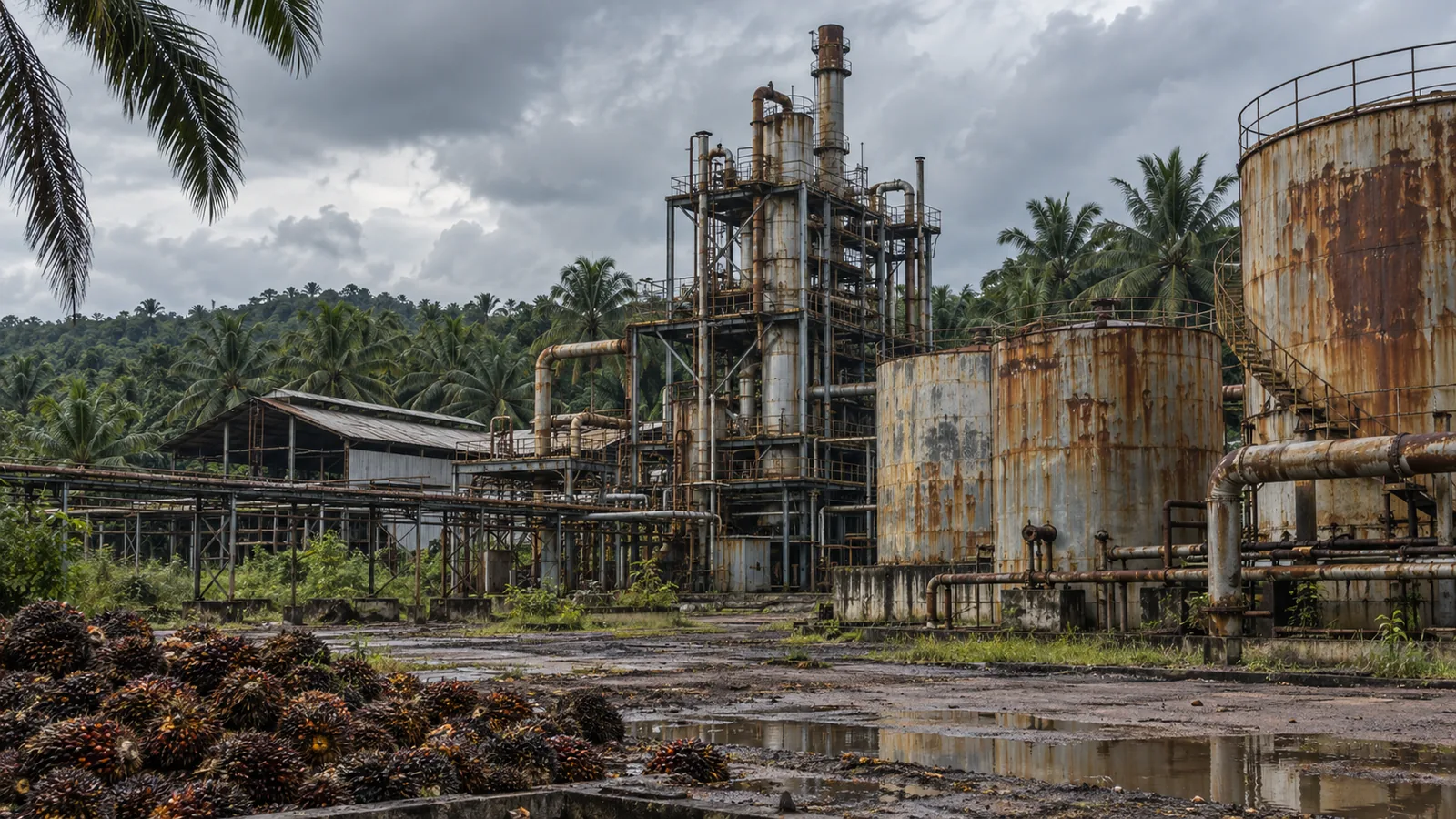 Biodiesel processing facility amid oil palm plantations