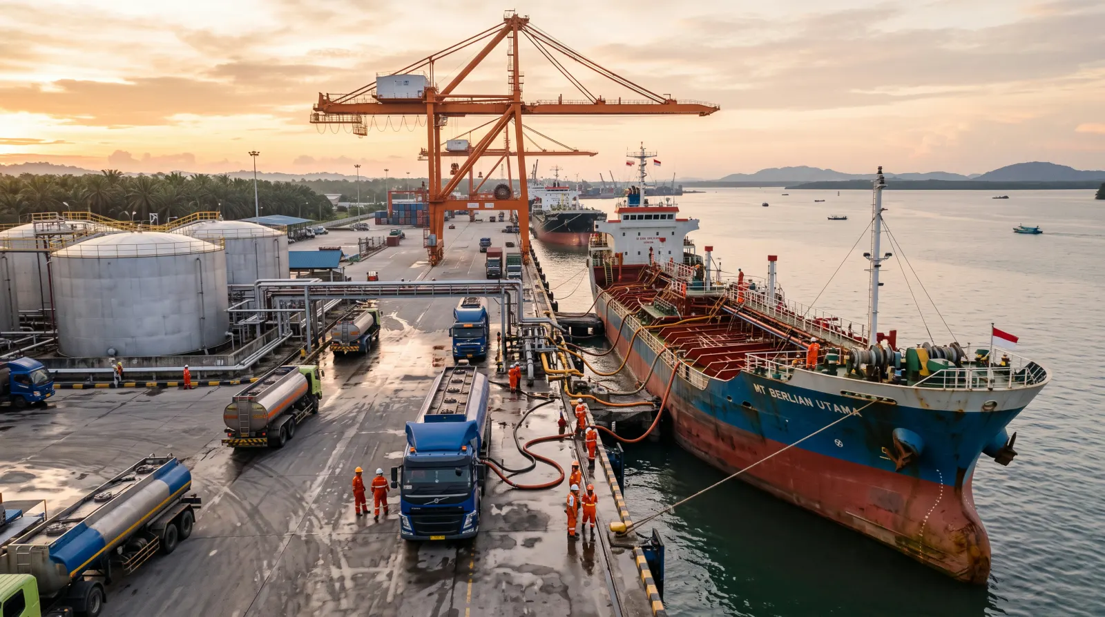 Cargo ship and port facilities used for Indonesian palm oil exports