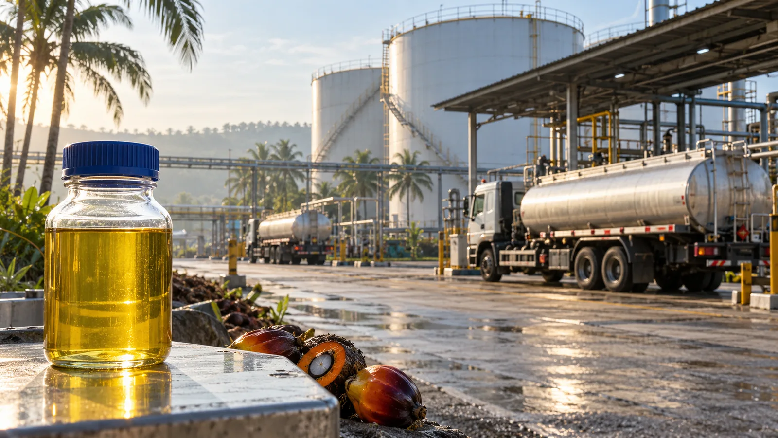 Palm oil sample in front of an Indonesian biodiesel distribution terminal