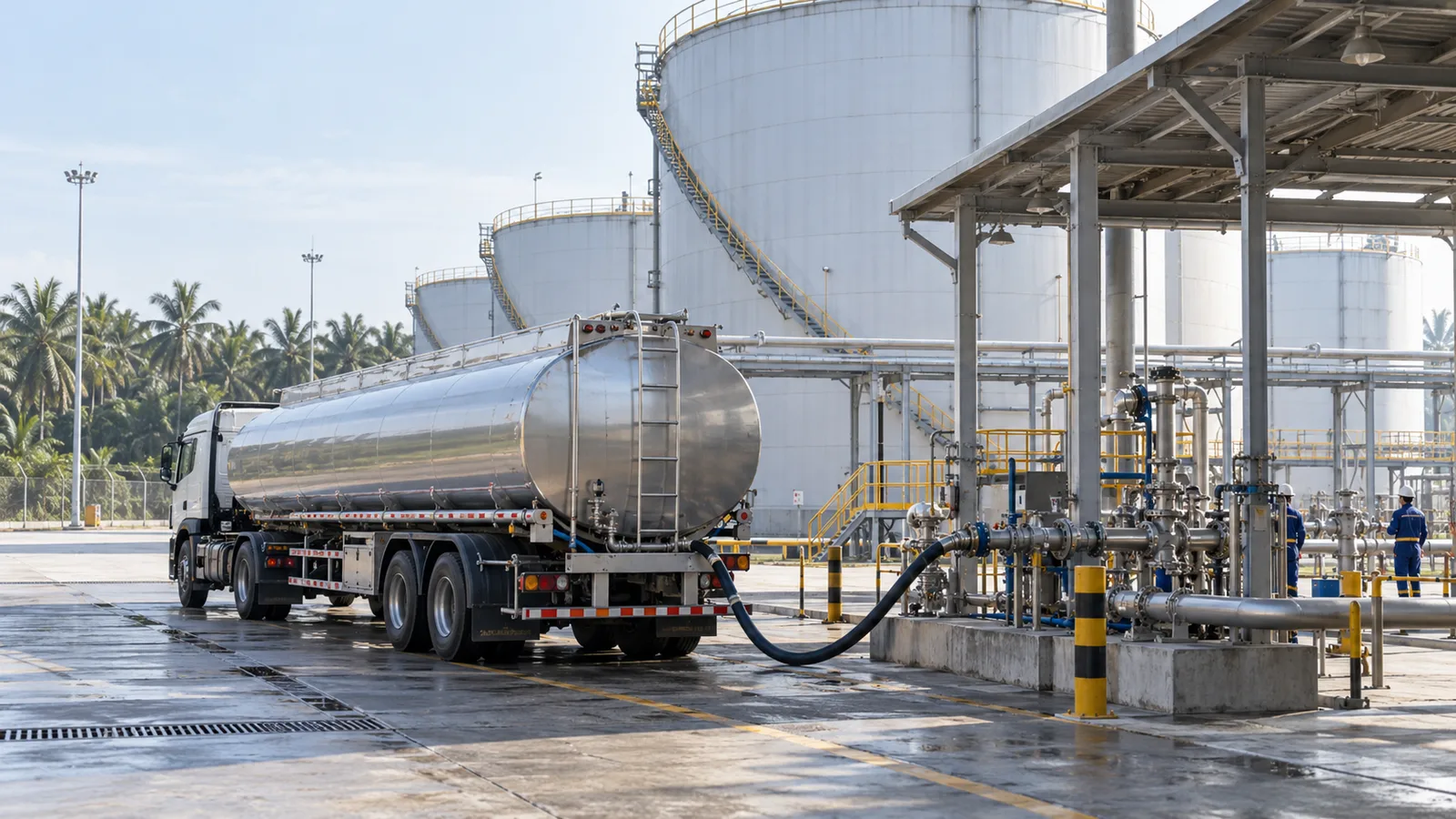 Editorial illustration of a diesel tanker at an Indonesian fuel terminal with storage tanks and palm trees, representing B35 distribution readiness.