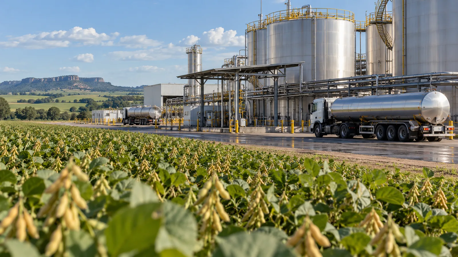 Ilustrasi terminal biodiesel Brasil di samping ladang kedelai