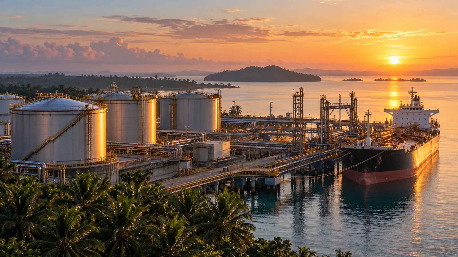 Illustration of a palm oil export terminal with storage tanks and a docked ship