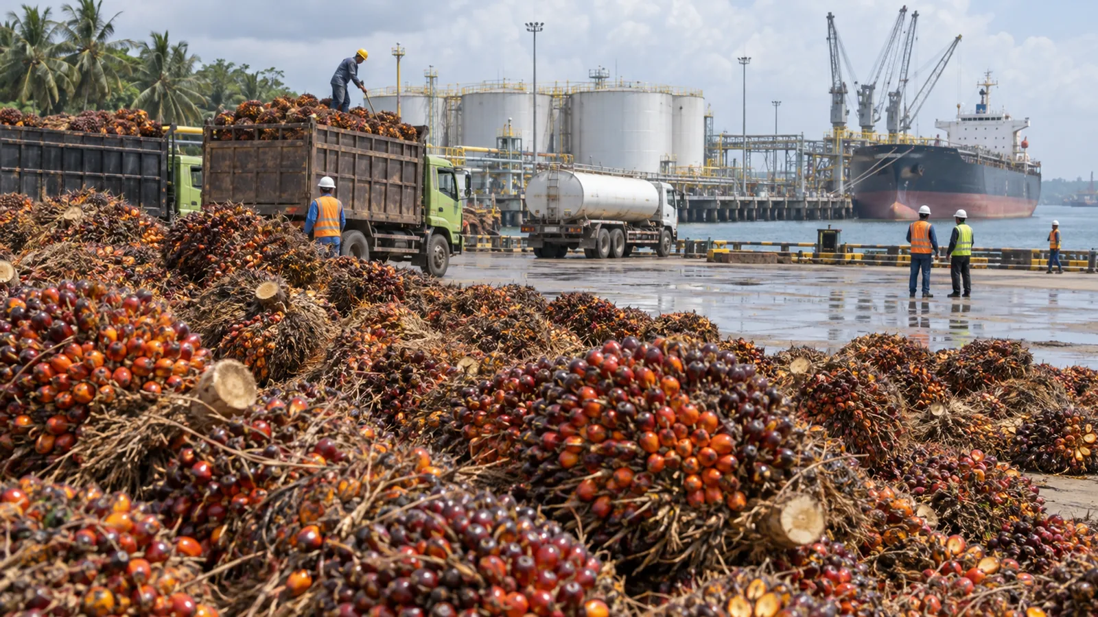Tandan buah sawit, truk pengangkut, tangki, dan kapal di terminal ekspor Indonesia
