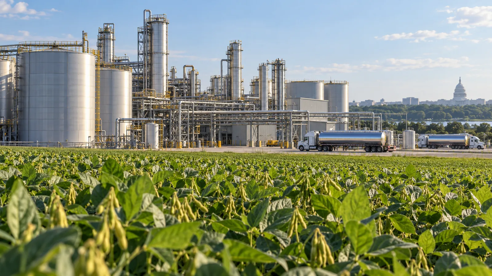 Illustration of a US biodiesel facility, soybean field, fuel tankers and a government building