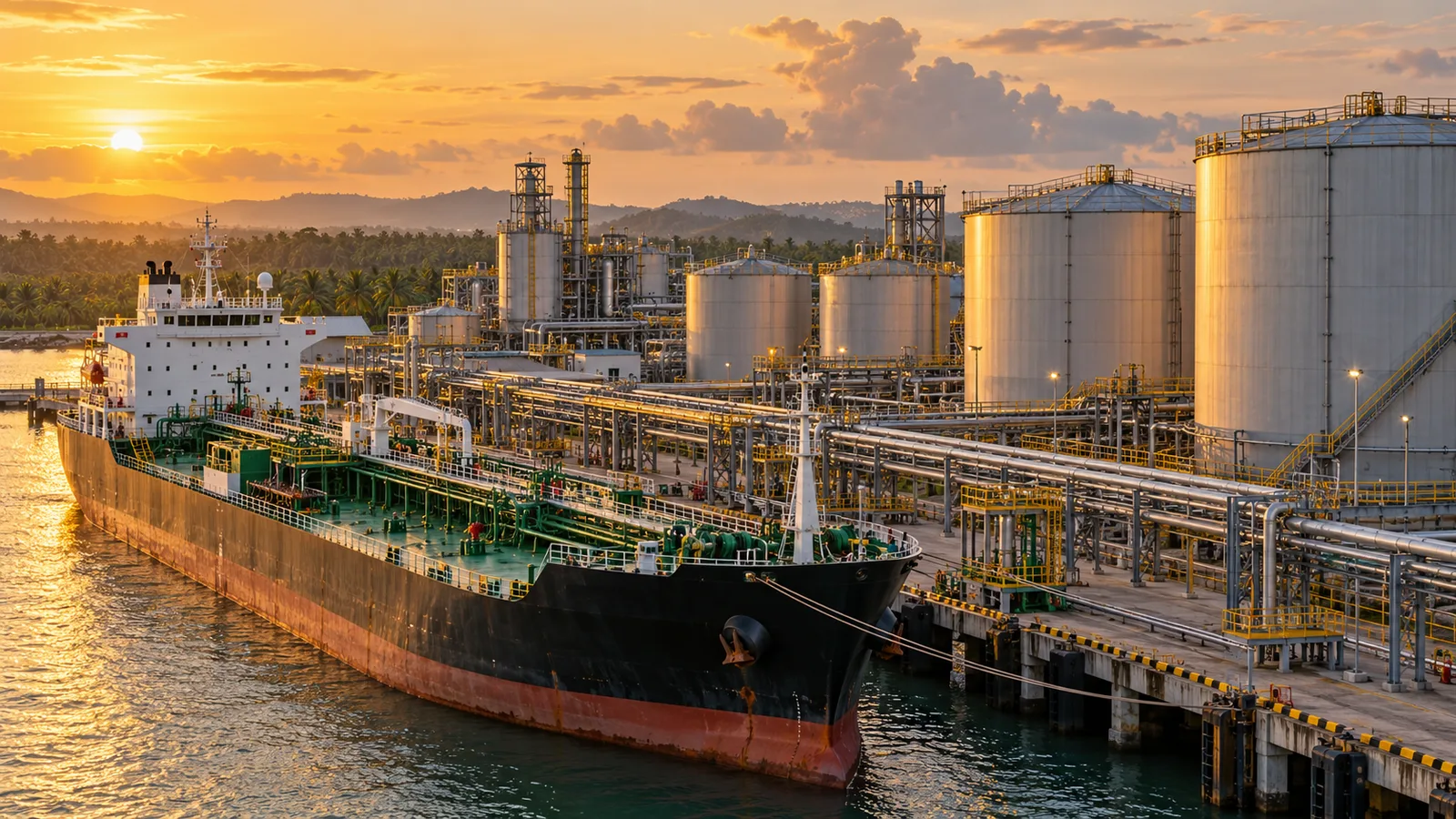 Illustration of a tanker vessel at a fuel terminal with industrial tanks and a tropical shoreline