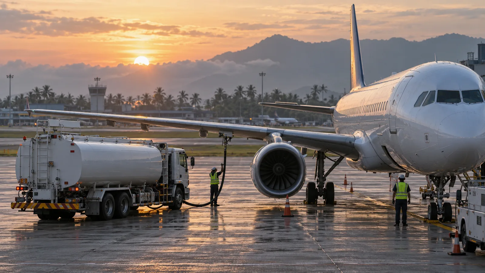 Illustration of a commercial aircraft being refuelled with sustainable fuel at a Southeast Asian airport
