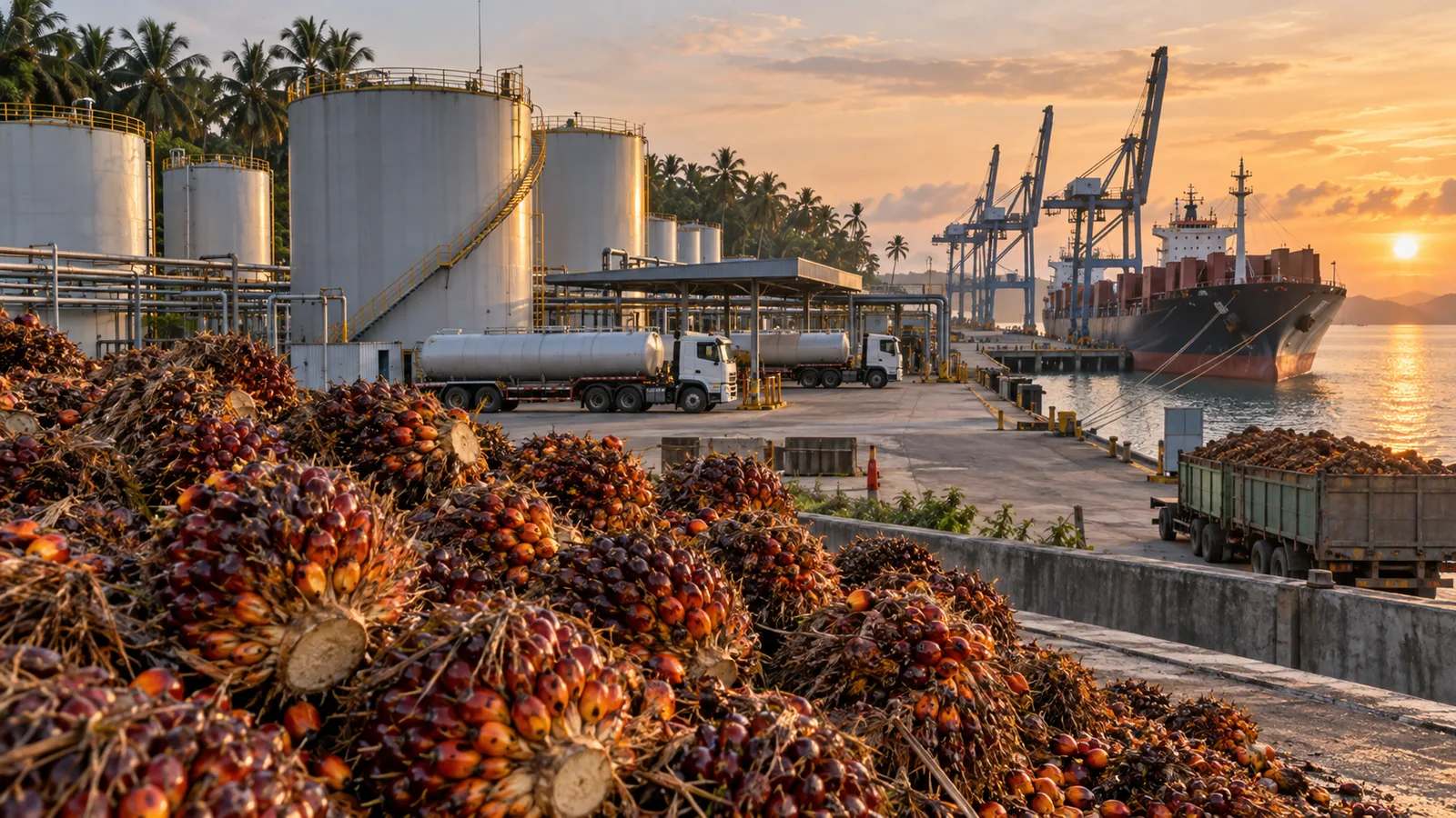 Palm fruit bunches, a biodiesel terminal and an export vessel at an Indonesian port