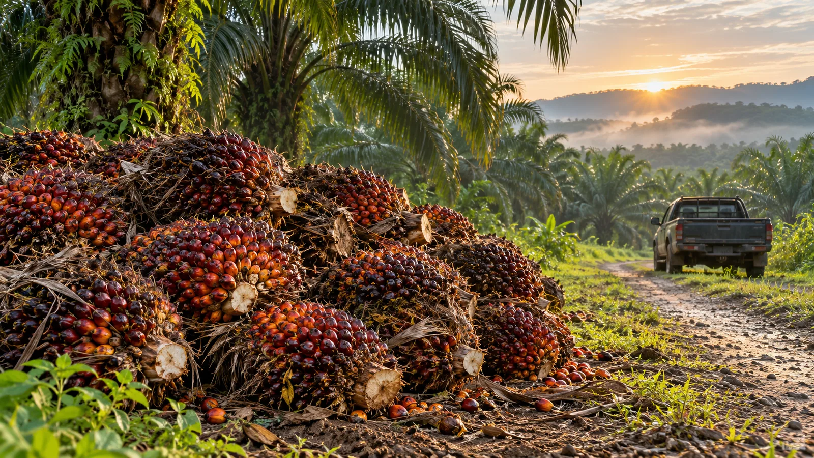 Fresh oil palm fruit bunches beside a plantation road in South Sumatra at sunrise