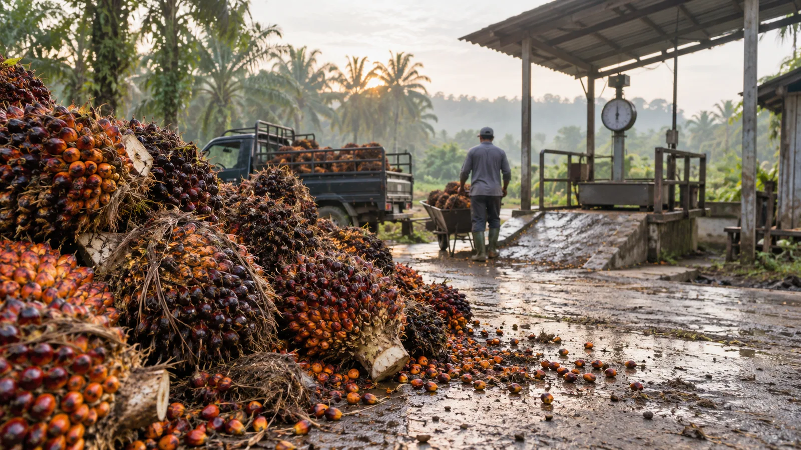 Fresh fruit bunches at a palm oil collection point in Riau