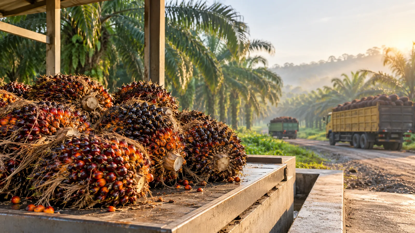 Oil palm fresh fruit bunches at a weighing station near an Indonesian plantation