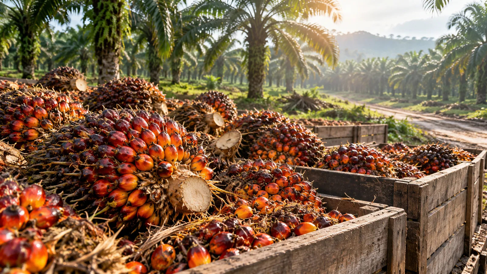 Illustration of oil palm fresh fruit bunches in wooden crates on a tropical plantation