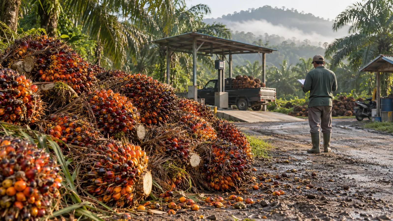 Fresh oil palm fruit bunches at an Indonesian plantation collection point