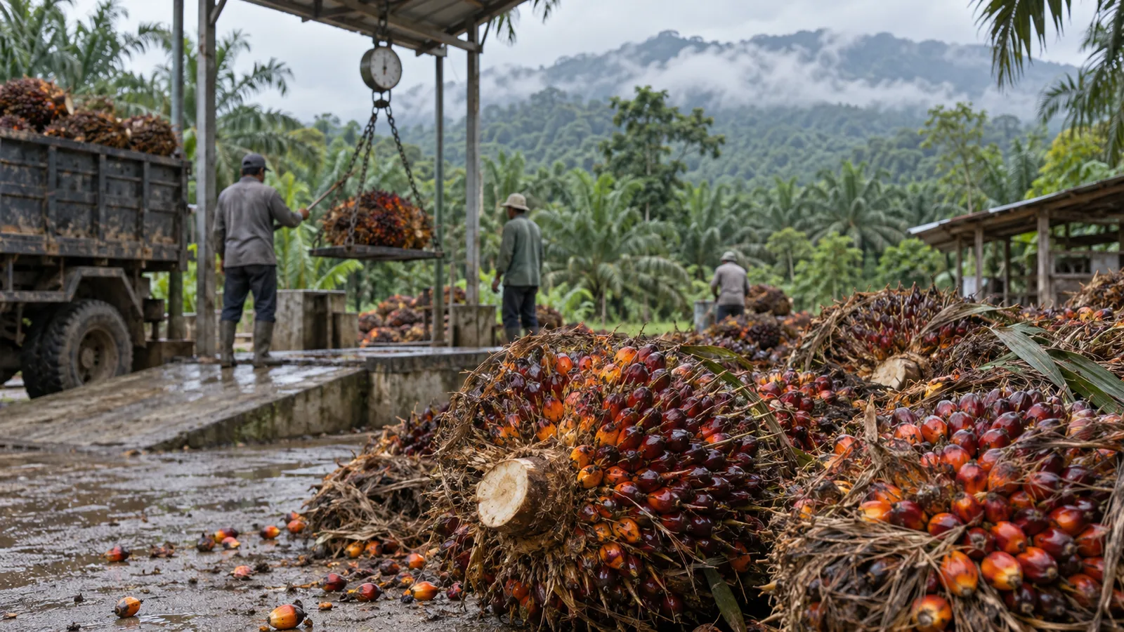Tandan buah segar sawit ditimbang di tempat pengumpulan hasil kebun