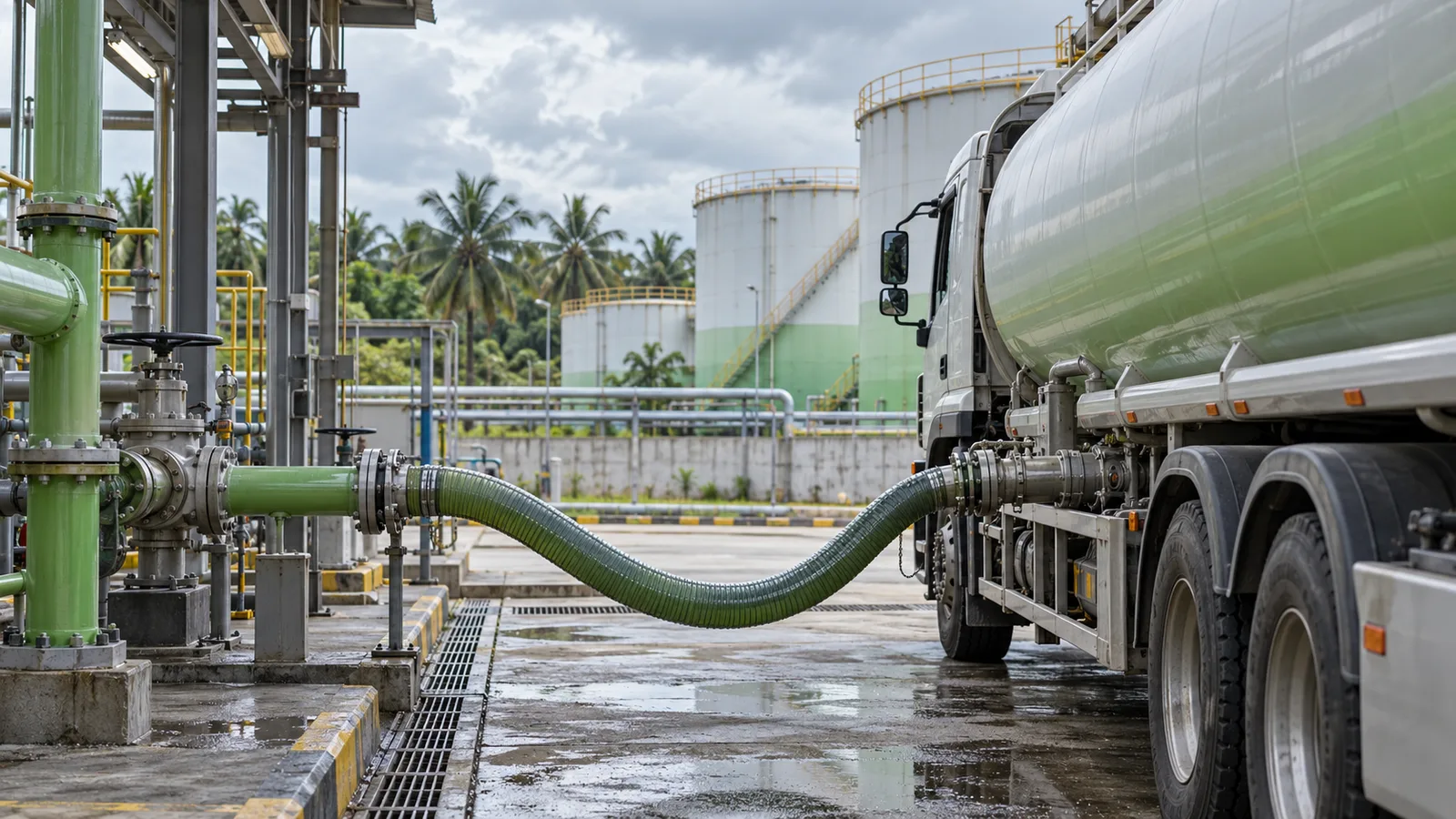 Ilustrasi truk tangki biodiesel tanpa merek pada fasilitas pemuatan bahan bakar di Indonesia
