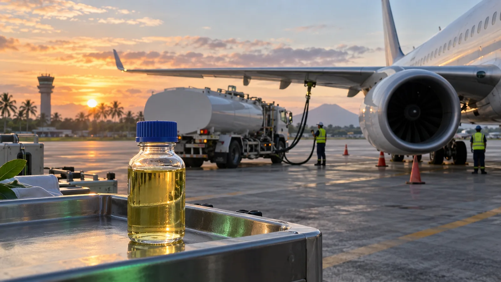 Commercial aircraft refuelling with a sustainable aviation fuel sample on an airport apron