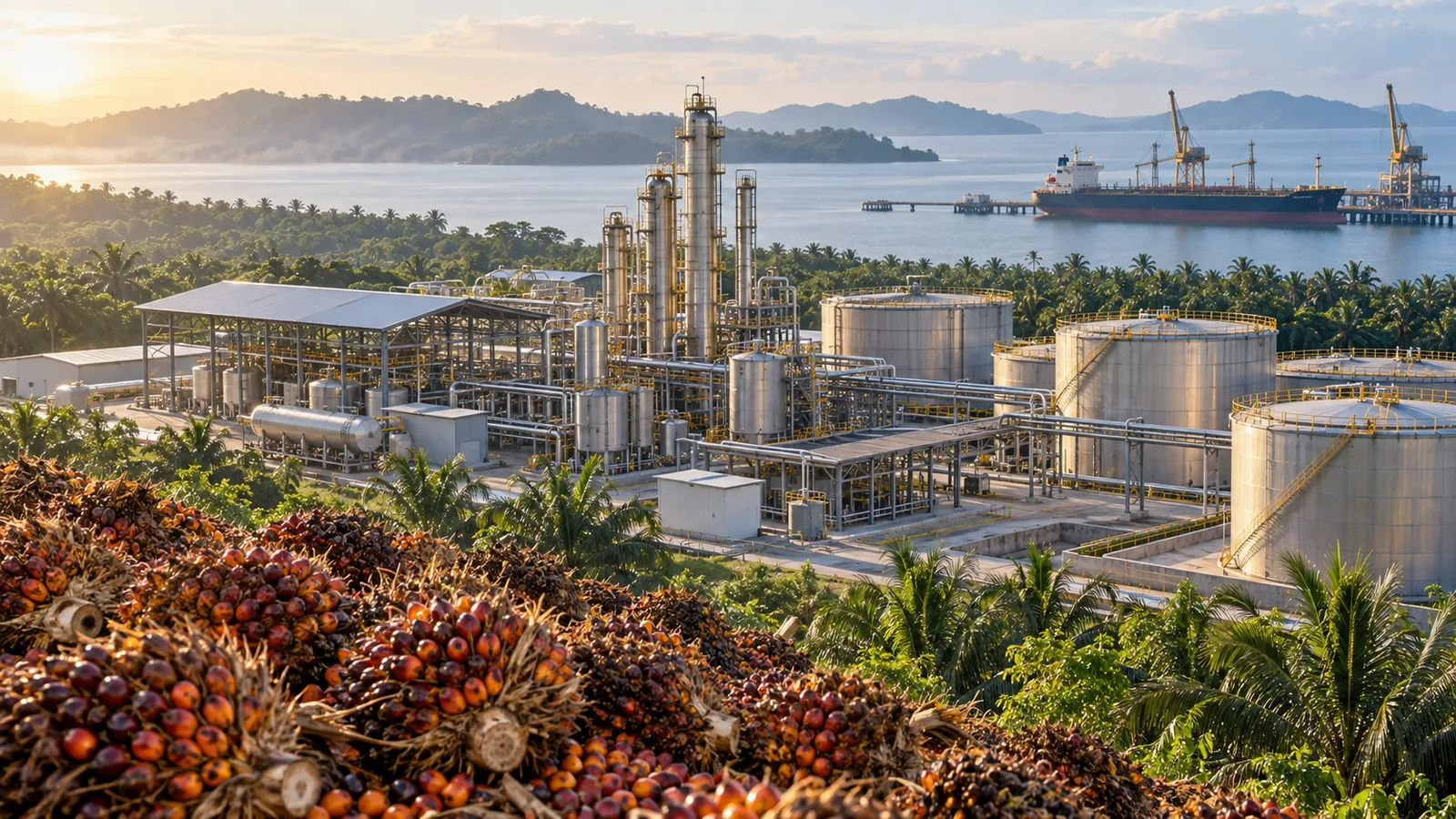 Buah sawit, fasilitas biodiesel, tangki penyimpanan, dan pelabuhan ekspor di kawasan tropis