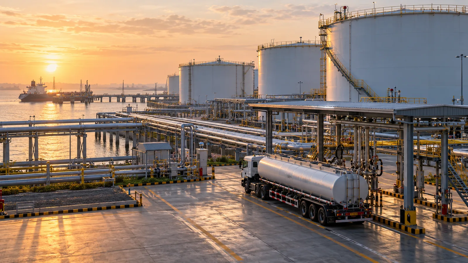 Illustration of a coastal fuel storage and distribution terminal in East Java