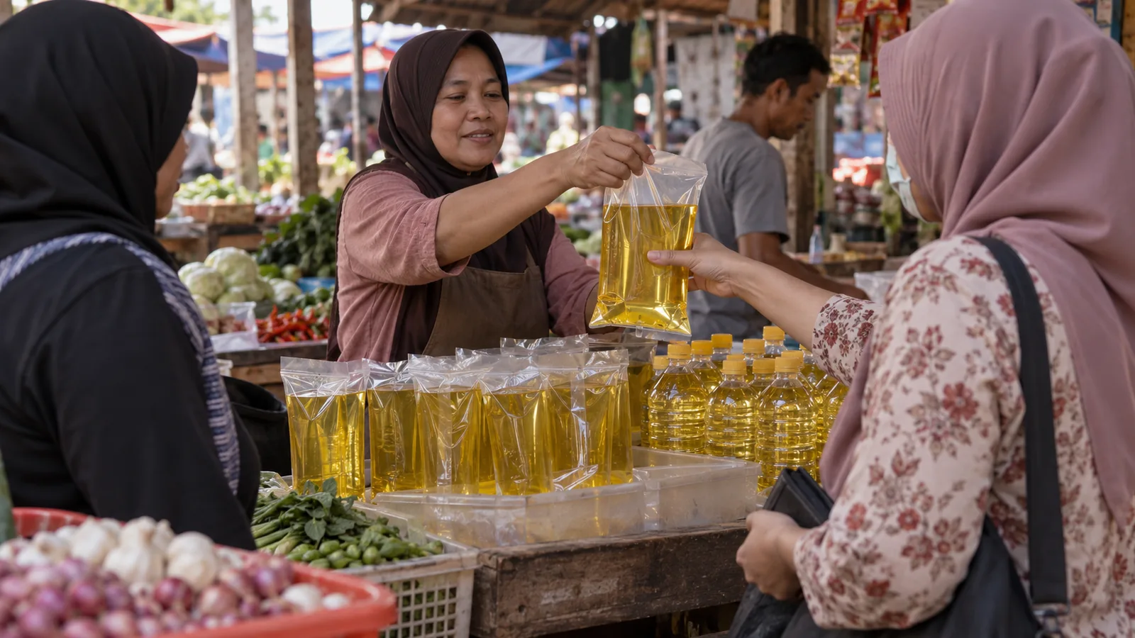 Illustration of an Indonesian market vendor handing a simple cooking oil package to a customer