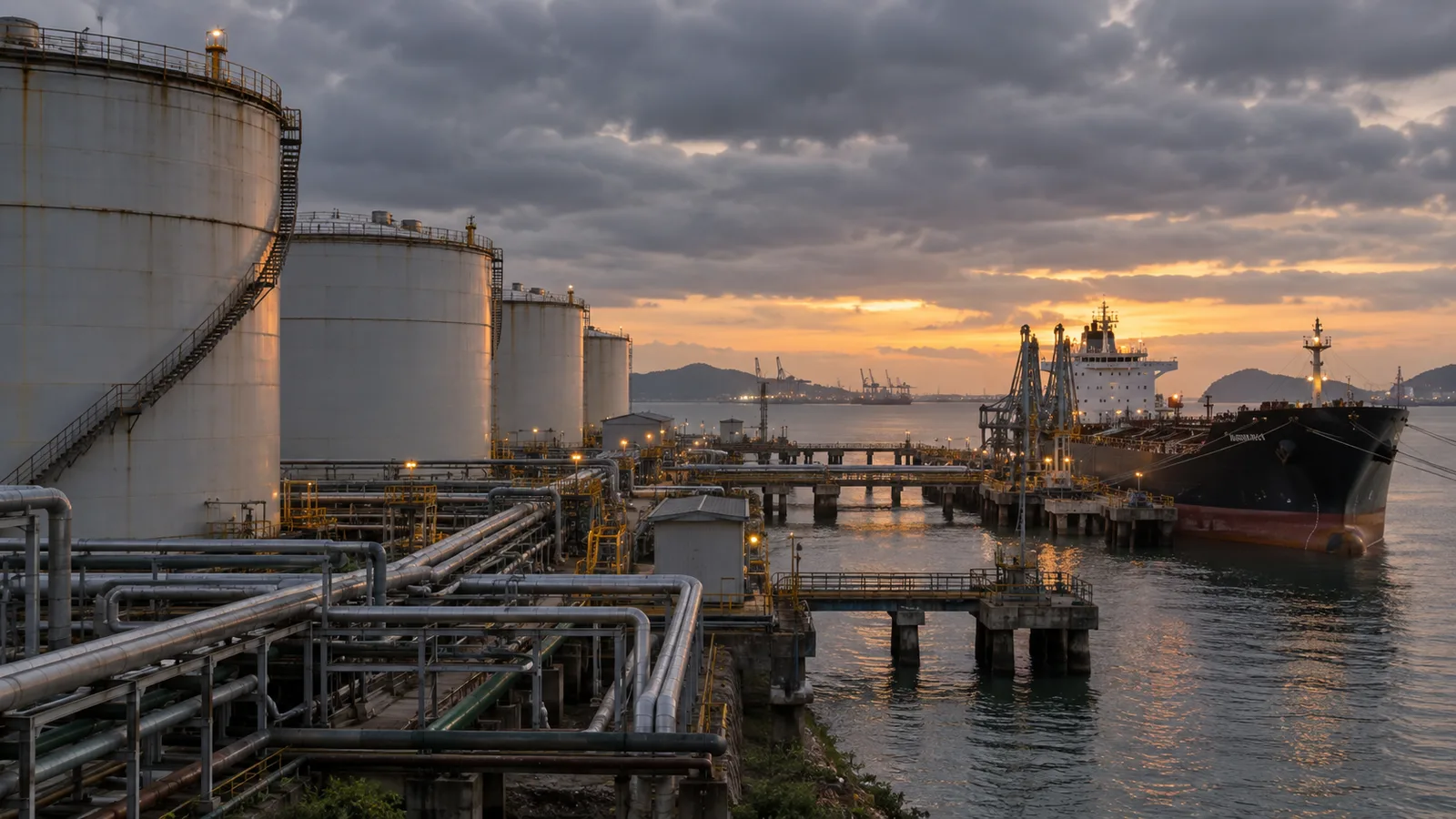 A palm oil export terminal with CPO storage tanks and a cargo ship at an Indonesian port