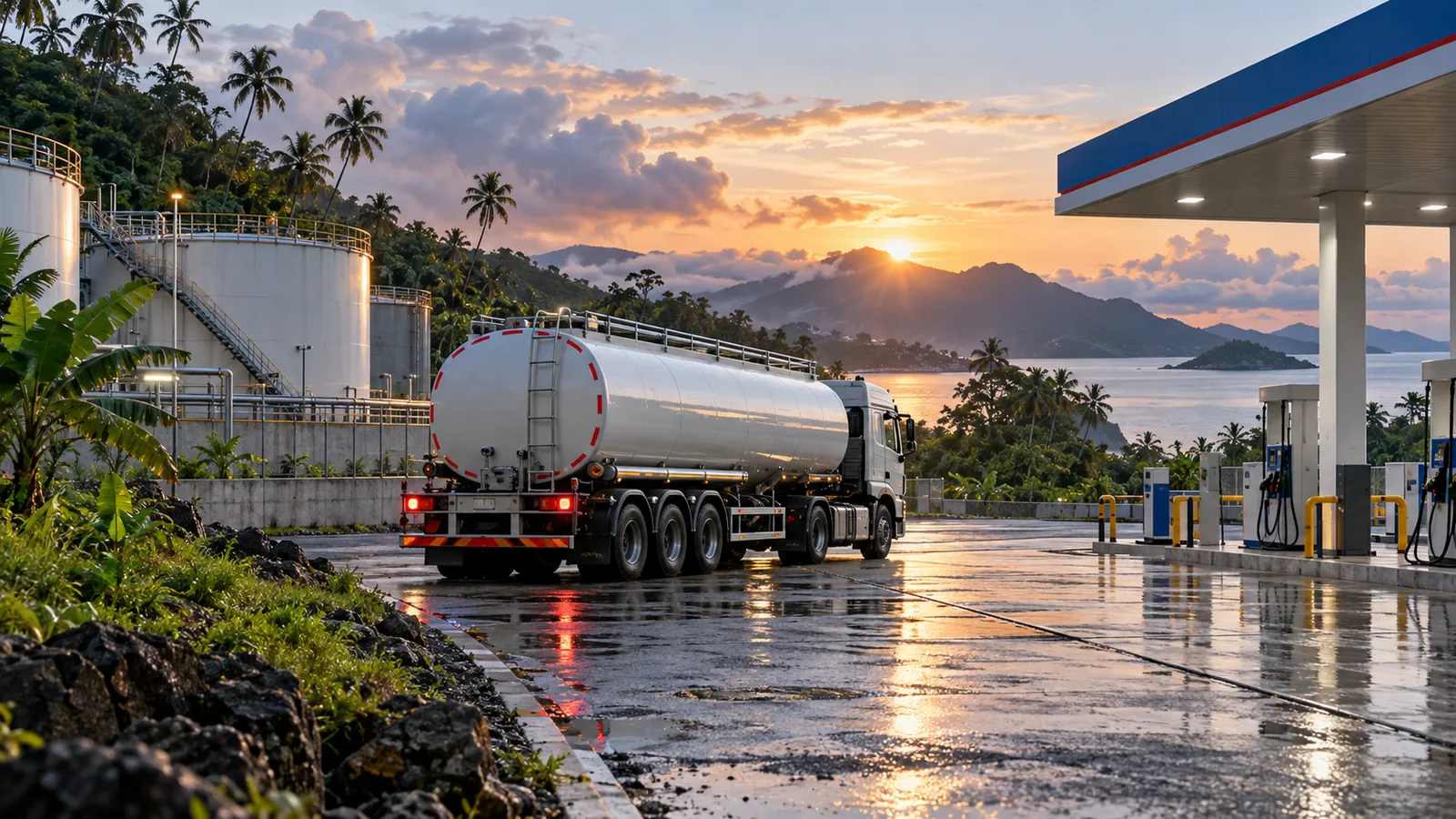 Fuel tanker delivering biodiesel to a distribution facility in tropical Indonesia