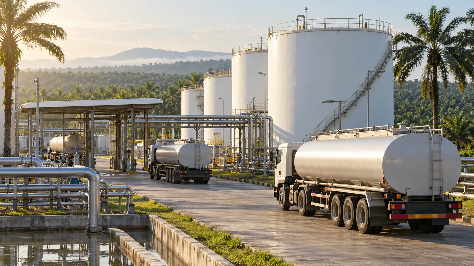 Terminal pencampuran biodiesel dengan tangki penyimpanan dan truk tangki di Indonesia