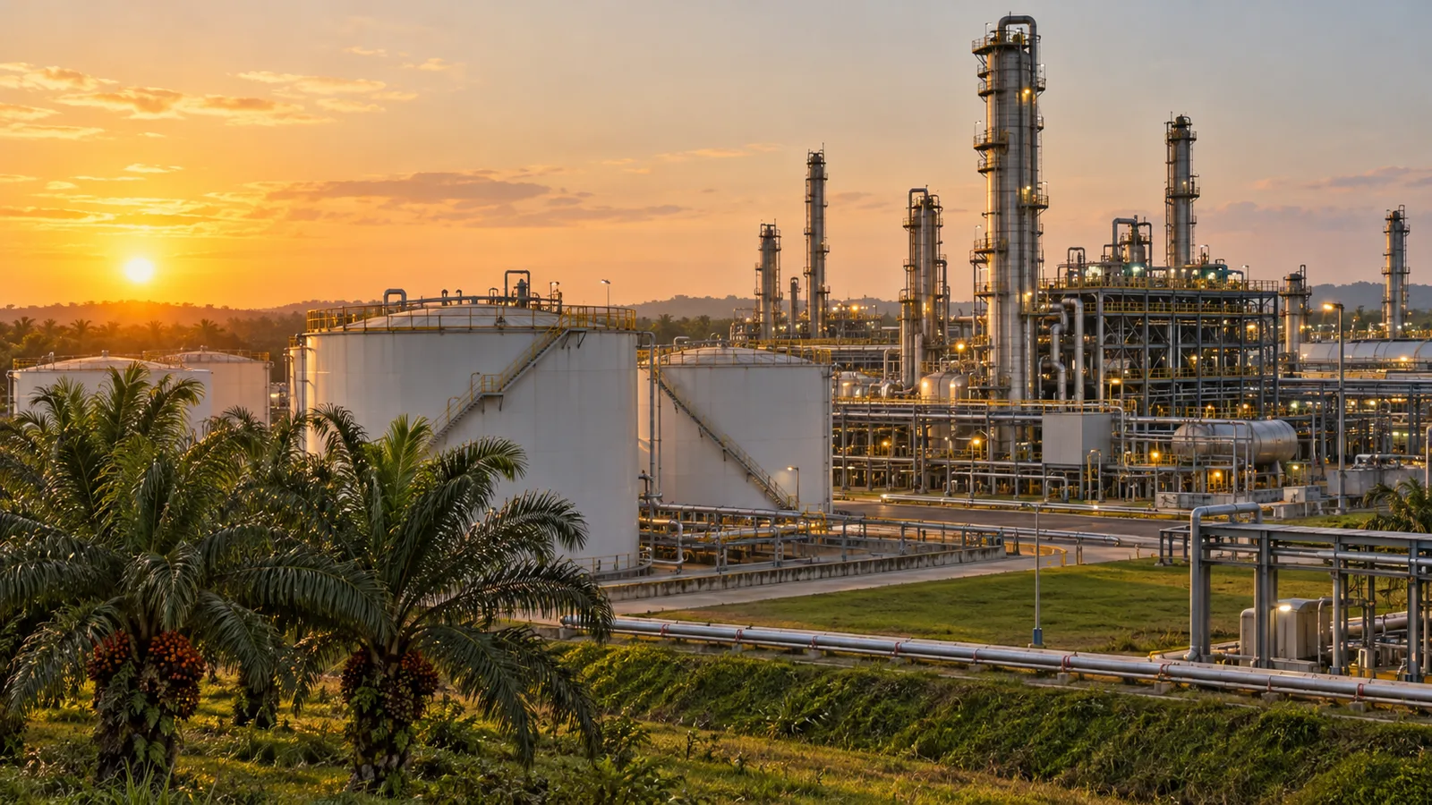 A palm oil refinery processing green diesel with storage tanks in Indonesia