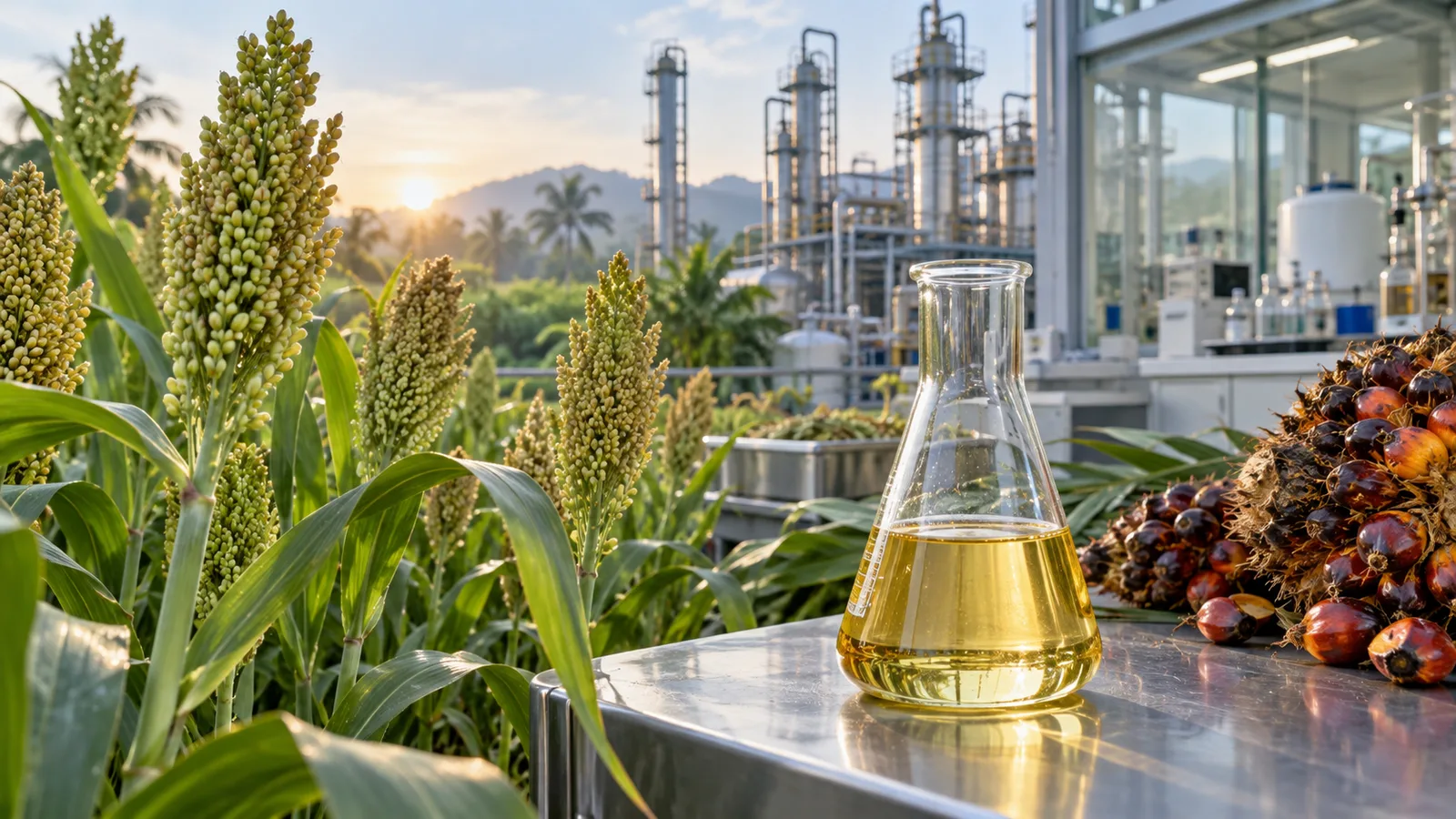 Ilustrasi fasilitas riset biofuel dengan tanaman sorgum, buah sawit, dan sampel bahan bakar nabati