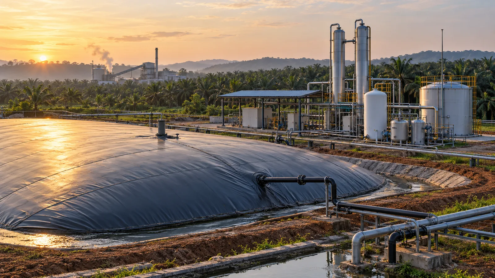 Illustration of a covered palm oil mill effluent lagoon and biomethane processing equipment in Indonesia