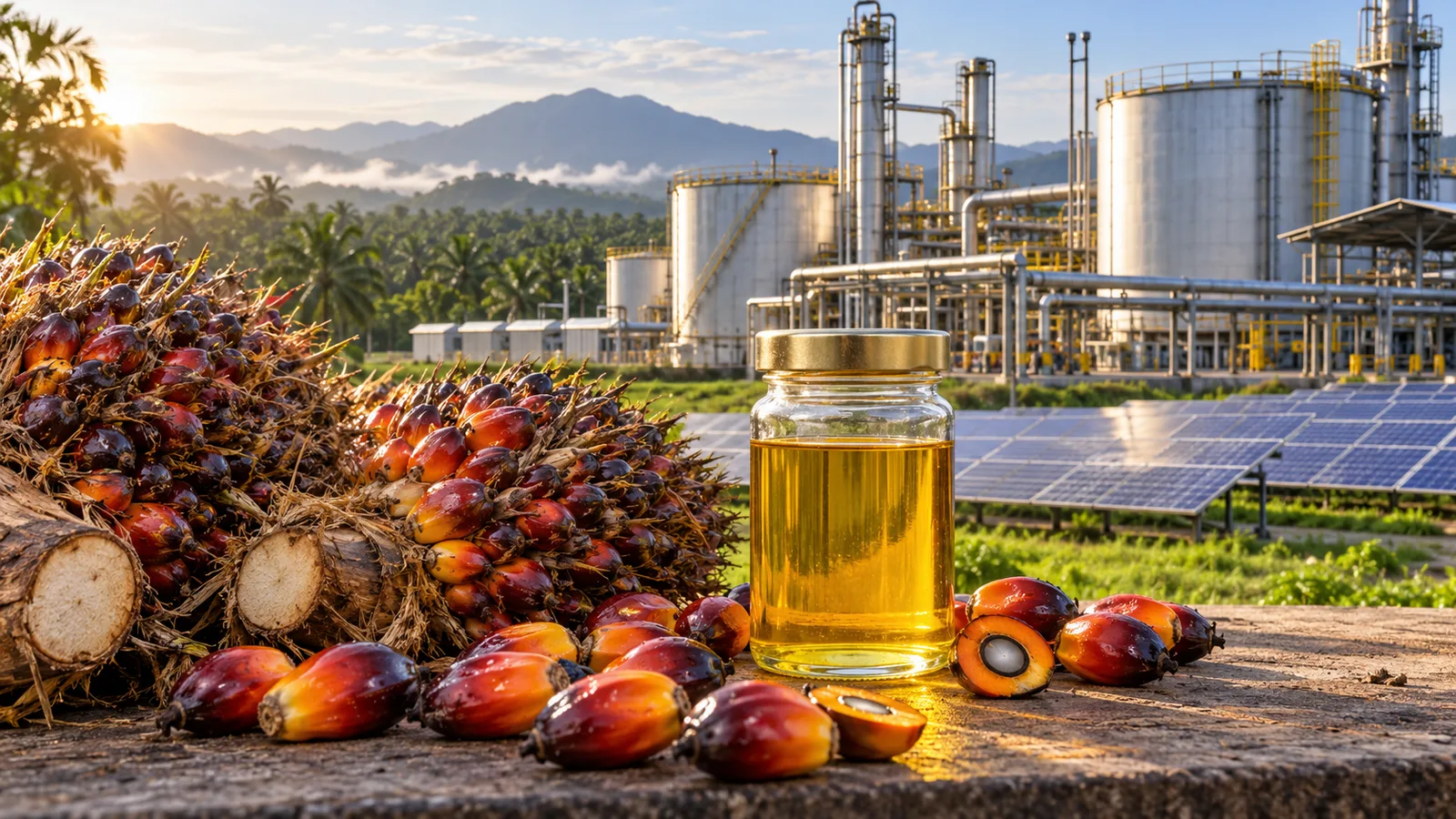 Oil palm fruit and a biodiesel sample in front of a refinery and solar panels