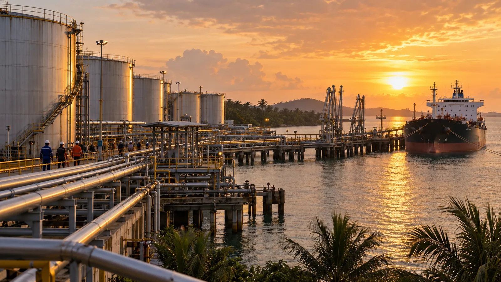 Palm oil export terminal with storage tanks, pipelines and a tanker ship at sunset