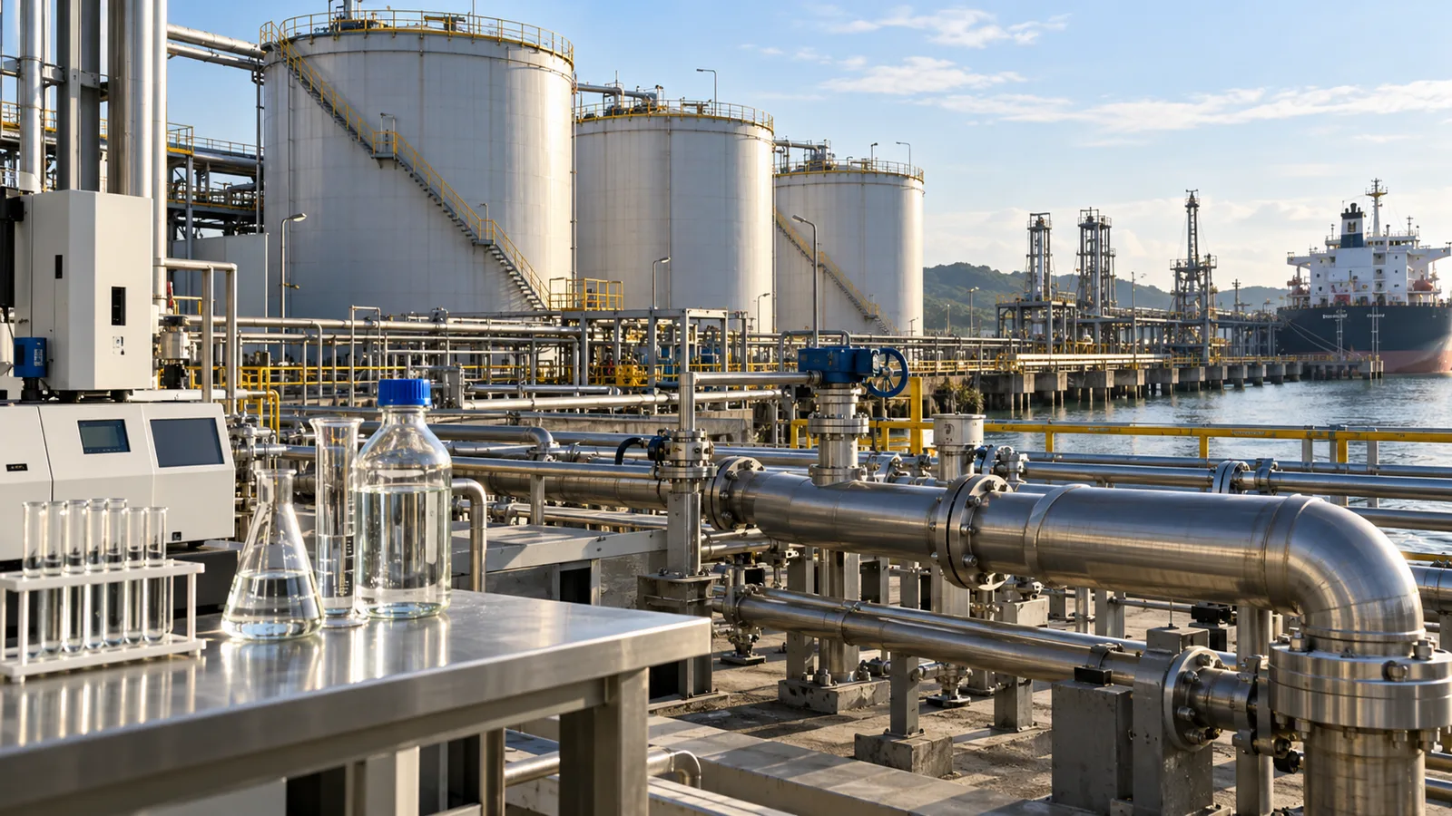 Illustration of a biofuel blending facility with tanks and laboratory equipment