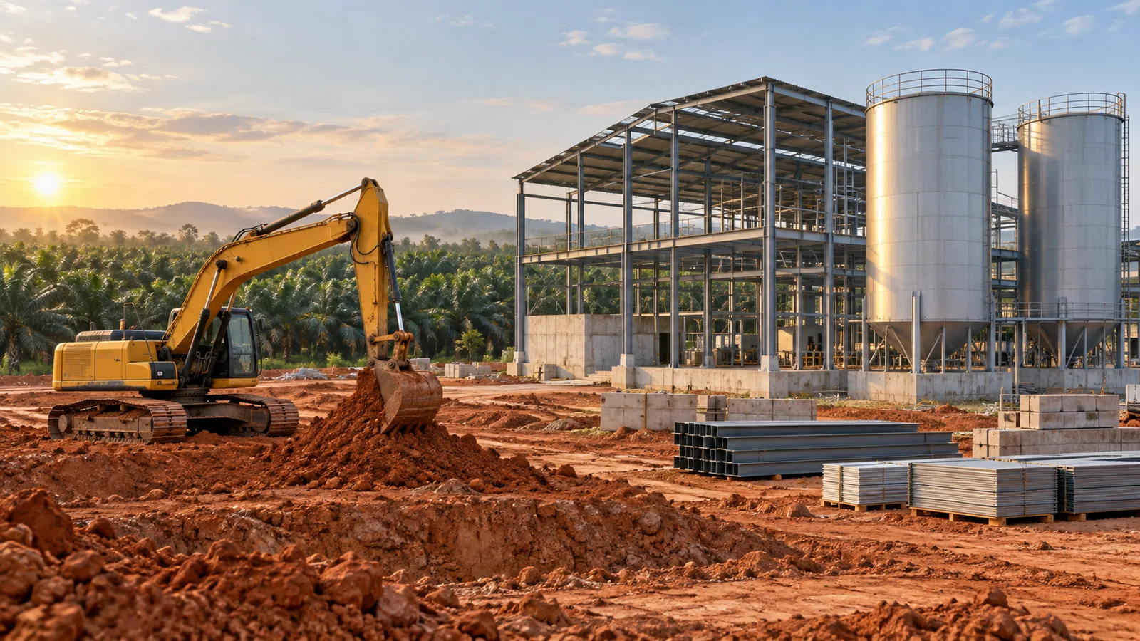 Illustration of a palm oil downstream and biofuel industrial complex under construction in Riau