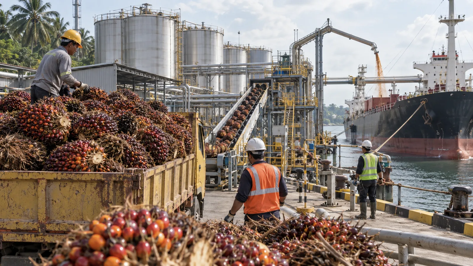 Illustration of an Indonesian palm oil export terminal with storage tanks, a ship and oil palm fruit bunches