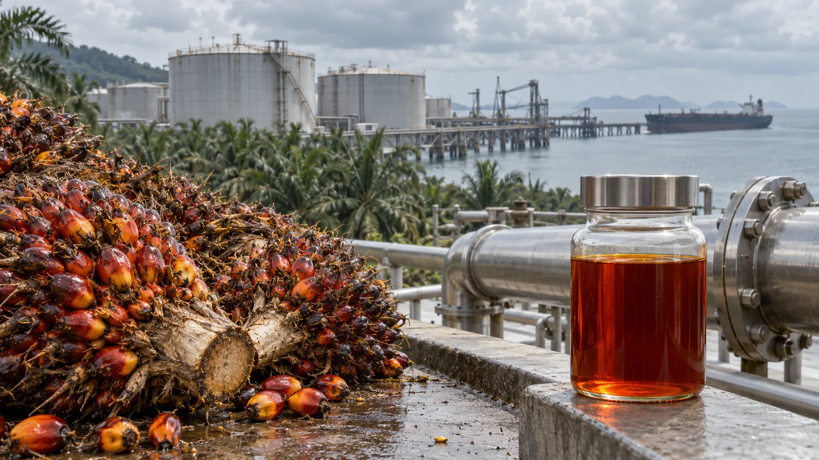 Oil palm fruit, a CPO sample and storage tanks at a Malaysian export terminal