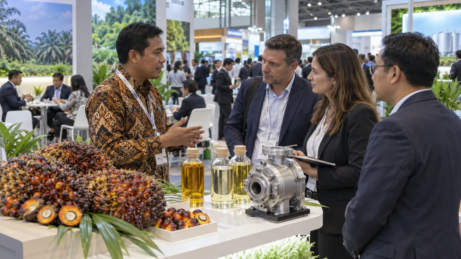 Illustration of participants discussing palm oil and biodiesel products at an international trade exhibition