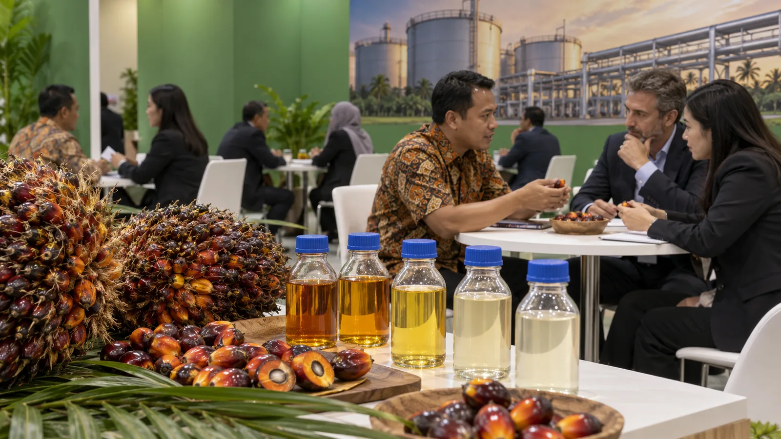 Illustration of a palm oil and biodiesel business meeting at an international trade exhibition