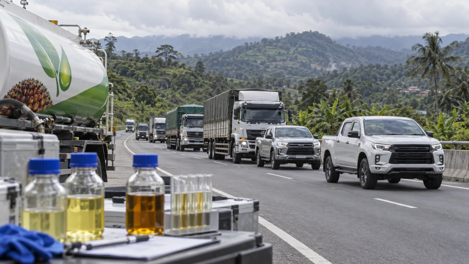 Diesel vehicle convoy undergoing a B40 road test on a West Java highland route