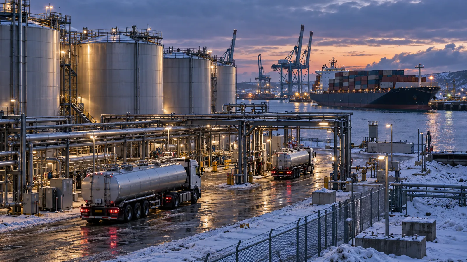 Terminal penyimpanan biodiesel dan kapal kargo di pelabuhan Eropa