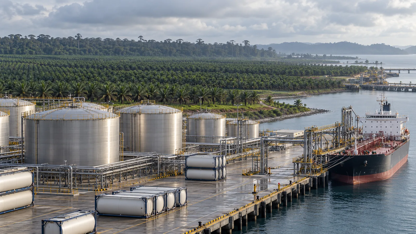 Palm oil export terminal with tanks, pipelines, a tanker and oil palm plantation